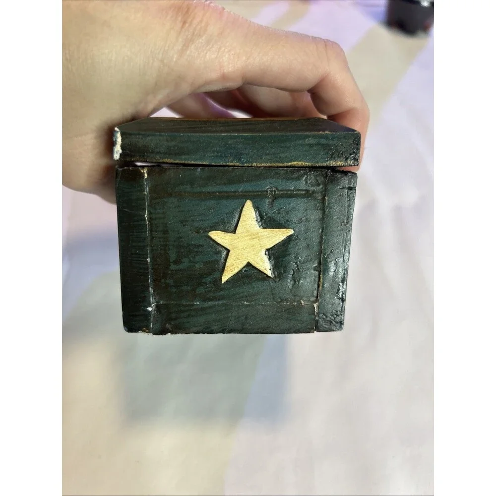 Vintage Celestial Wooden Trinket Box 4x3x3 Sun Moon Stars